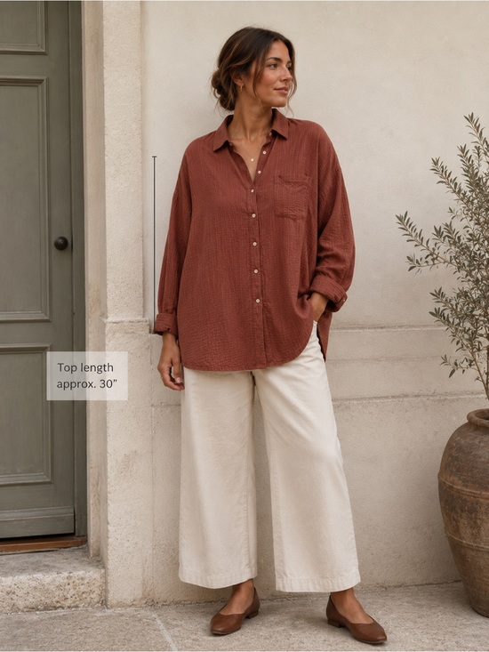 C'est Moi Tops - C'est Moi Brown Rust Check Button Up Shirt OS Oversized Minimalist Casual Cotton